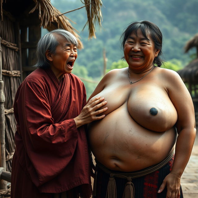 In a medieval Indonesian village, a short and emaciated young Indonesian woman is loudly shouting while wearing a long, fully closed Buddhist robe, with medium-length hair and bangs