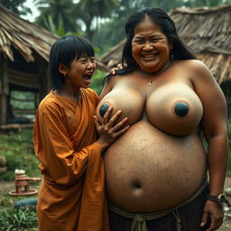 In a medieval Indonesian village, a short and emaciated young Indonesian woman is loudly shouting while dressed in a long, fully closed Buddhist robe, her medium-length hair styled with bangs