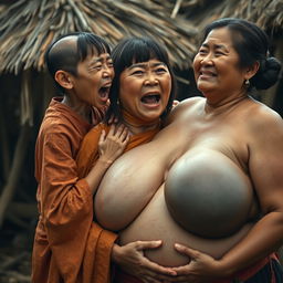 In a medieval Indonesian village, a short and emaciated young Indonesian woman is loudly shouting while dressed in a long, fully closed Buddhist robe, her medium-length hair styled with bangs