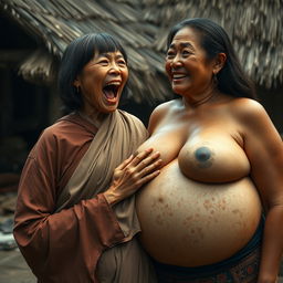In a medieval Indonesian village, a short and emaciated young Indonesian woman is loudly shouting while dressed in a long, fully closed Buddhist robe, her medium-length hair styled with bangs