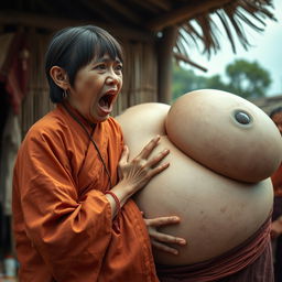 In a medieval Indonesian village, a short and emaciated young Indonesian woman is loudly shouting while dressed in a long, fully closed Buddhist robe, her medium-length hair styled with bangs