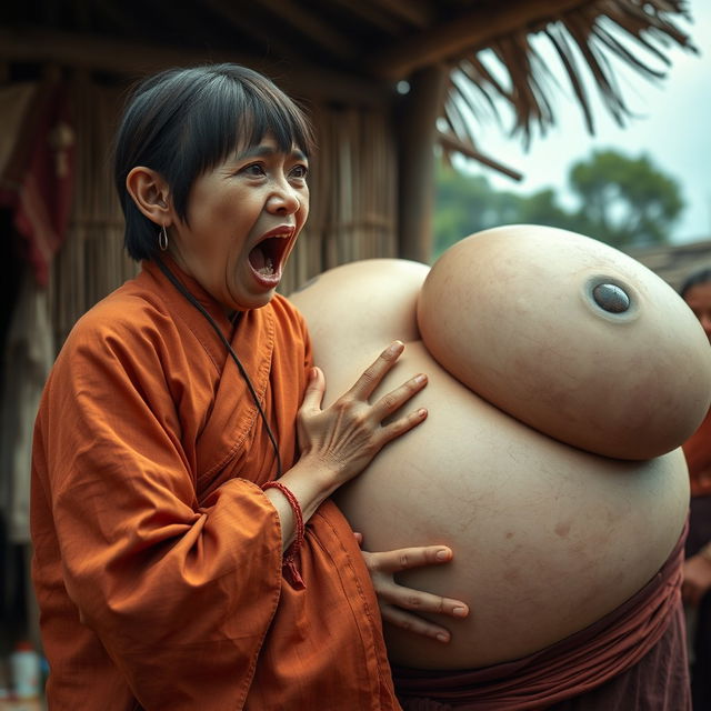 In a medieval Indonesian village, a short and emaciated young Indonesian woman is loudly shouting while dressed in a long, fully closed Buddhist robe, her medium-length hair styled with bangs