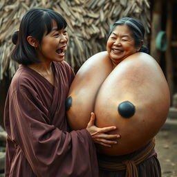 In a medieval Indonesian village, a short, emaciated young Indonesian woman is loudly shouting while wearing a long, fully closed Buddhist robe, with medium-length hair styled with bangs