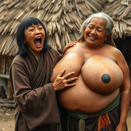 In a medieval Indonesian village, a short, emaciated young Indonesian woman is loudly shouting while wearing a long, fully closed Buddhist robe, with medium-length hair styled with bangs