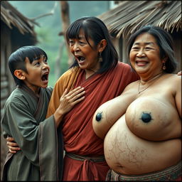 In a medieval Indonesian village, a short, emaciated young Indonesian woman is loudly shouting while wearing a long, fully closed Buddhist robe, with medium-length hair styled with bangs