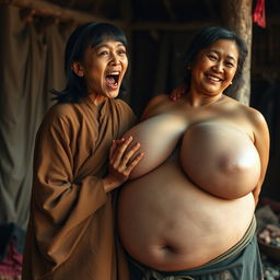 In a medieval Indonesian village, a short, emaciated young Indonesian woman is loudly shouting while wearing a long, fully closed Buddhist robe, with medium-length hair styled with bangs