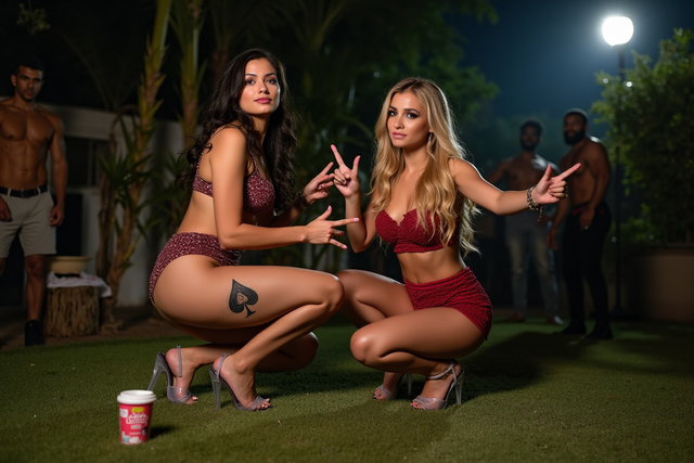 A young mature Latina woman with fair skin, wide hips, prominent buttocks, thick legs, and well-defined calves, showcasing a tattoo of the ace of spades on her lower thigh