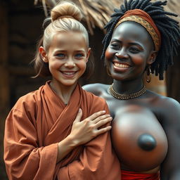 In an African medieval village, a young blonde woman with blue eyes, notably short and emaciated, is joyfully smiling while dressed in a long, fully closed Buddhist robe, with her hair styled in a bun