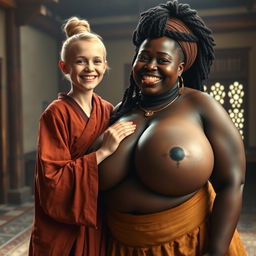 In a medieval room, a young blonde woman who is notably short and emaciated is joyfully smiling while dressed in a long, fully closed Buddhist robe, with her hair styled in a bun