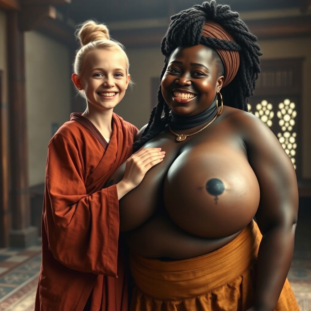 In a medieval room, a young blonde woman who is notably short and emaciated is joyfully smiling while dressed in a long, fully closed Buddhist robe, with her hair styled in a bun