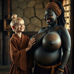 In a medieval room, a young blonde woman who is notably short and emaciated is joyfully smiling while dressed in a long, fully closed Buddhist robe, with her hair styled in a bun