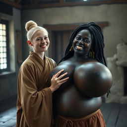 In a medieval room, a young blonde woman who is notably short and emaciated is joyfully smiling while dressed in a long, fully closed Buddhist robe, with her hair styled in a bun