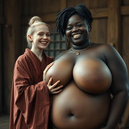 In a medieval room, a young blonde woman who is notably short and emaciated is joyfully smiling while dressed in a long, fully closed Buddhist robe, with her hair styled in a bun