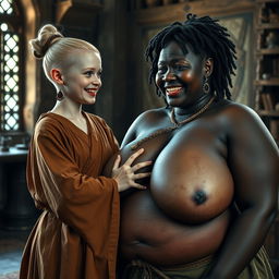 In a medieval room, a young, very short, undernourished blonde woman with rotten teeth is wearing a long, fully-closed Buddhist robe, with her hair styled in a bun and adorned with medieval earrings