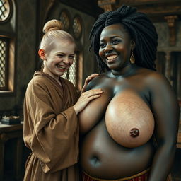 In a medieval room, a young, very short, undernourished blonde woman with rotten teeth is wearing a long, fully-closed Buddhist robe, with her hair styled in a bun and adorned with medieval earrings