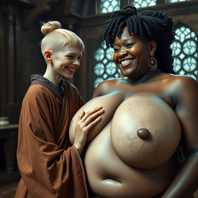 In a medieval room, a young, very short, undernourished blonde woman with rotten teeth is wearing a long, fully-closed Buddhist robe, with her hair styled in a bun and adorned with medieval earrings