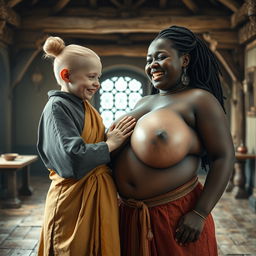 In a medieval room, a young, very short, undernourished blonde woman with rotten teeth is dressed in a long, fully-closed Buddhist robe, with her hair styled in a bun