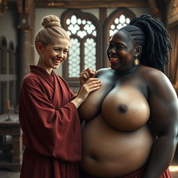 In a medieval room, a young, very short, undernourished blonde woman with rotten teeth is dressed in a long, fully-closed Buddhist robe, with her hair styled in a bun