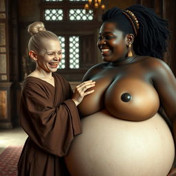 In a medieval room, a young, very short, undernourished blonde woman with rotten teeth is dressed in a long, fully-closed Buddhist robe, with her hair styled in a bun