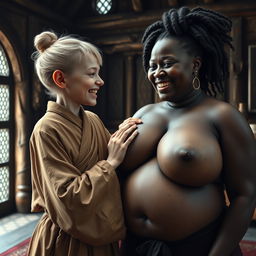 In a medieval room, a young, very short, undernourished blonde woman with rotten teeth is dressed in a long, fully-closed Buddhist robe, with her hair styled in a bun