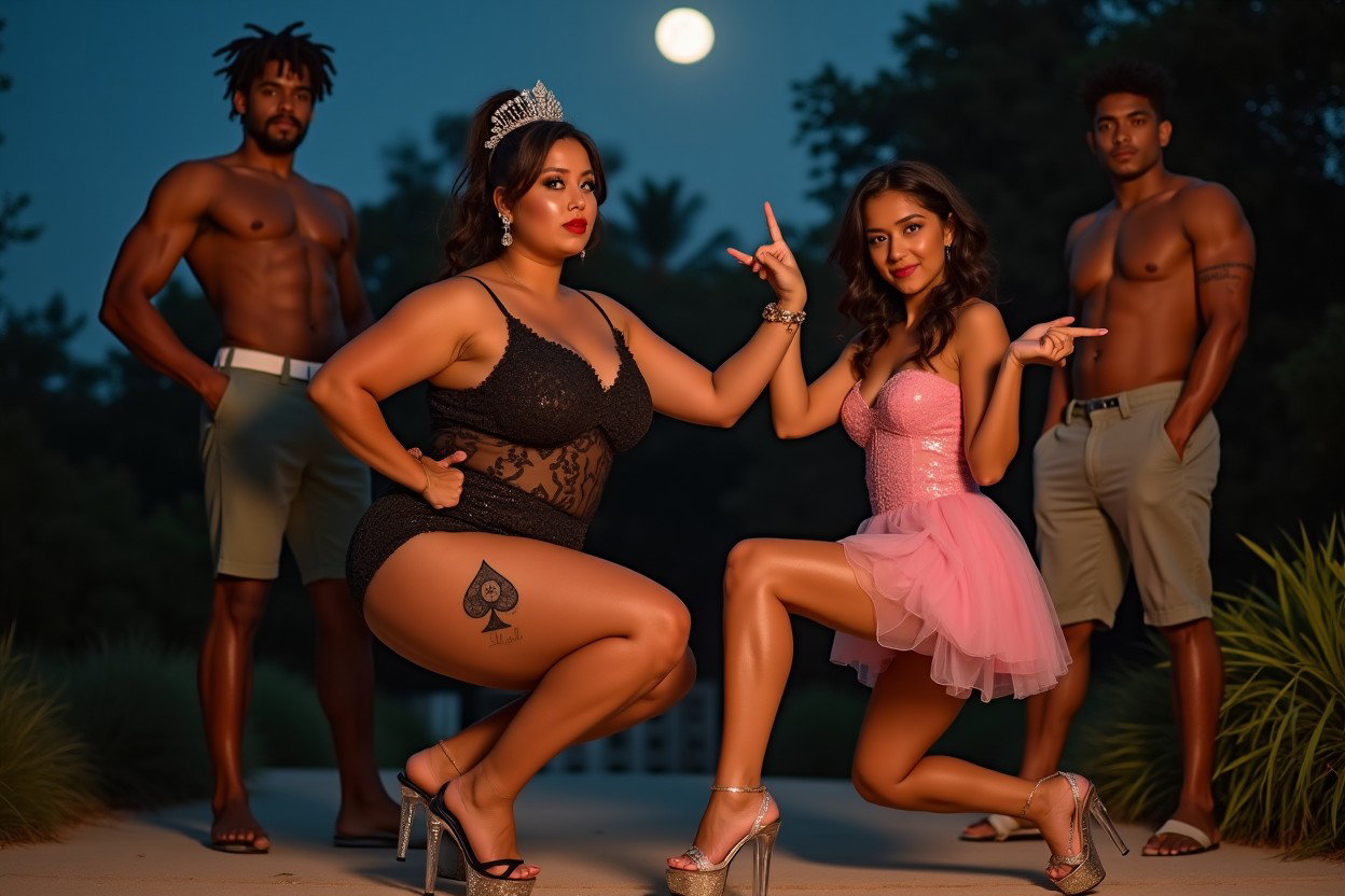 A young mature Latina woman with fair skin, wide hips, prominent buttocks, thick legs, and well-defined calves, featuring a tattoo of the ace of spades on her lower thigh