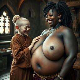 In a medieval room, a young, very short, undernourished blonde woman with rotten teeth is dressed in a long, fully-closed Buddhist robe, with her hair styled in a bun