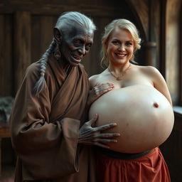 In a medieval room, an elderly black woman, notably short and emaciated with rotten teeth and pointed ears, is dressed in a long, fully closed Buddhist cloak