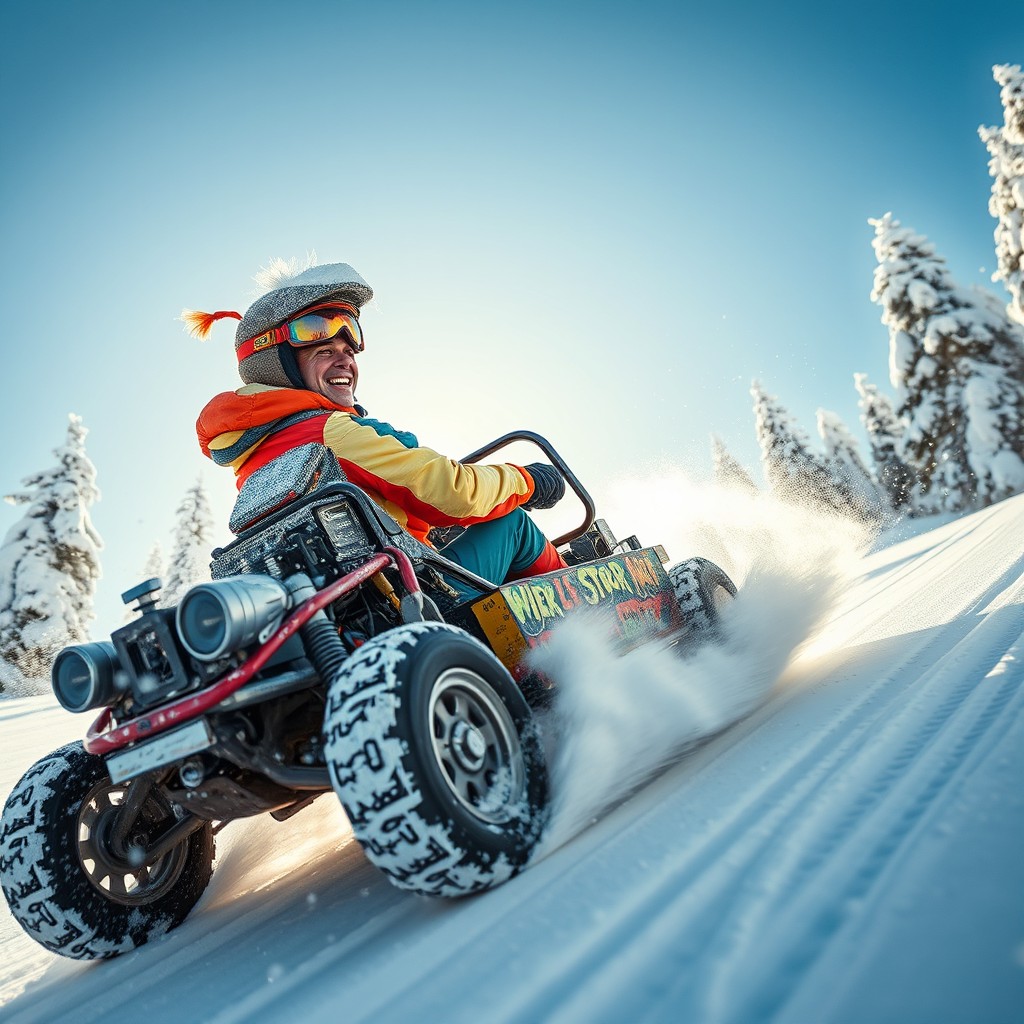 A wide cinematic profile shot of a goofy stuntman in a hazardously designed self-made car, careening down an extremely dangerously steep snowy hill