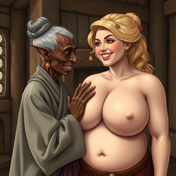 In a medieval room, there is a short, elderly African woman, malnourished with crooked teeth and pointed ears, dressed in a long, fully closed Buddhist robe