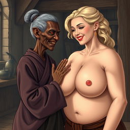 In a medieval room, there is a short, elderly African woman, malnourished with crooked teeth and pointed ears, dressed in a long, fully closed Buddhist robe