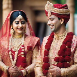 A traditional Hindu couple in resplendent wedding attire ready for marriage, the bride in a red lehenga, adorned with gold jewellery, and the groom in a Sherwani holding garlands.