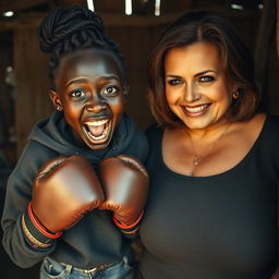 In an abandoned, poor shack in Africa, a frantic 18-year-old malnourished black African woman is wearing boxing gloves, her deep black skin glistening