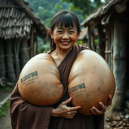 In a medieval village, a young Indonesian woman, very short and emaciated with rotten teeth, is dressed in a long, completely closed Buddhist robe