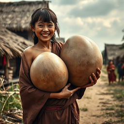 In a medieval village, a young Indonesian woman, very short and emaciated with rotten teeth, is dressed in a long, completely closed Buddhist robe