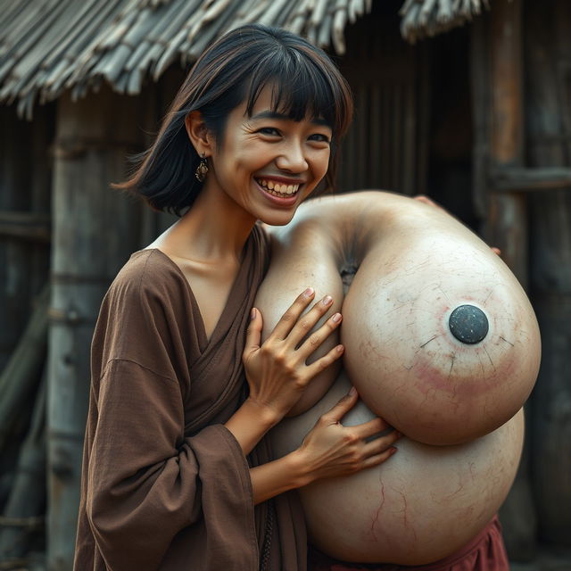In a medieval Indonesian village, a young woman, very short and emaciated with rotten teeth, is dressed in a long, fully closed Buddhist robe