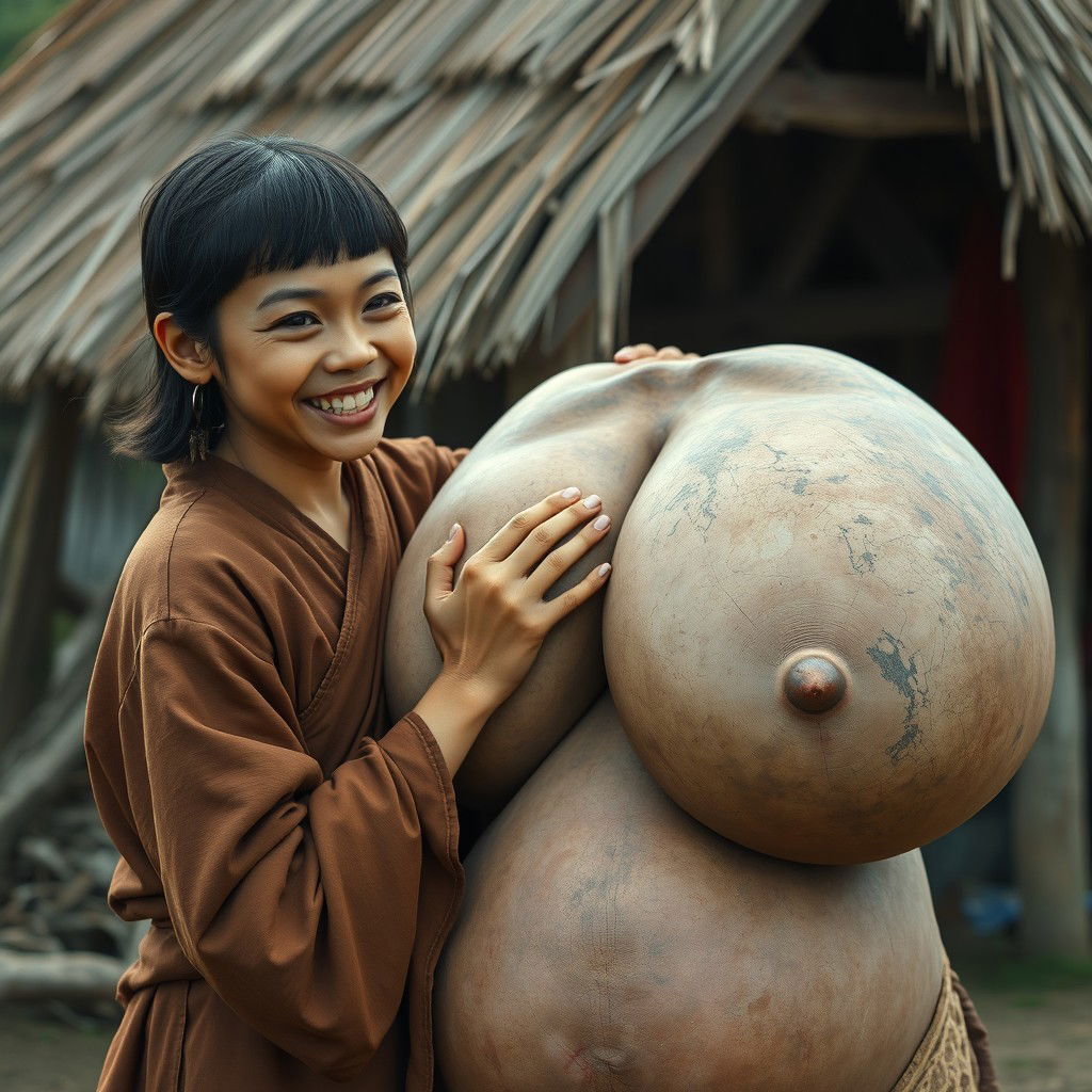 In a medieval Indonesian village, a young Indonesian woman, notably short and emaciated with rotten teeth, is dressed in a long, fully closed Buddhist robe