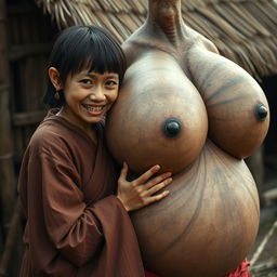 In a medieval Indonesian village, a young Indonesian woman, notably short and emaciated with rotten teeth, is dressed in a long, fully closed Buddhist robe