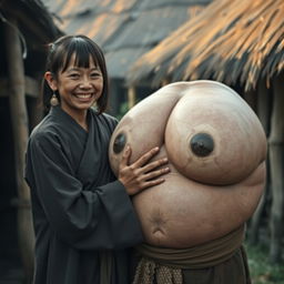 In a medieval Indonesian village, a young Indonesian woman, notably short and emaciated with rotten teeth, is dressed in a long, fully closed Buddhist robe