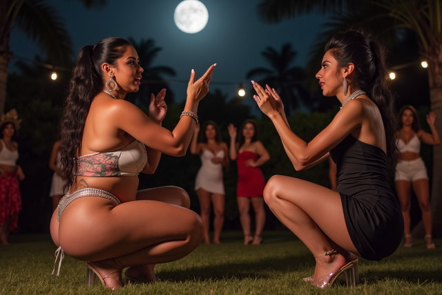 A young mature Latina woman with fair skin, wide hips, prominent buttocks, thick legs, and well-defined calves, showcasing a tattoo of the ace of spades on her lower thigh