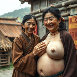 In a medieval Chinese village, a young Indonesian woman, short and emaciated with rotten teeth, wearing a long, fully closed Buddhist robe, medium-length hair adorned with medieval earrings