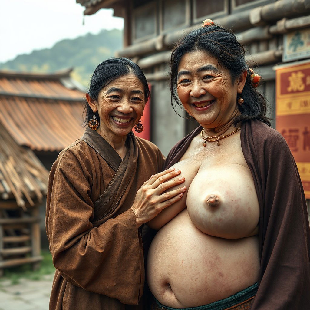 In a medieval Chinese village, a young Indonesian woman, short and emaciated with rotten teeth, wearing a long, fully closed Buddhist robe, medium-length hair adorned with medieval earrings