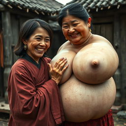 In a medieval Chinese village, a young Indonesian woman, short and emaciated with rotten teeth, wearing a long, fully closed Buddhist robe, medium-length hair adorned with medieval earrings