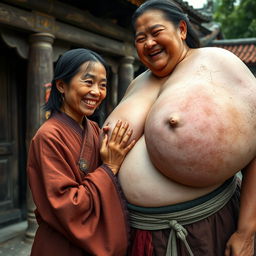 In a medieval Chinese village, a young Indonesian woman, short and emaciated with rotten teeth, wearing a long, fully closed Buddhist robe, medium-length hair adorned with medieval earrings