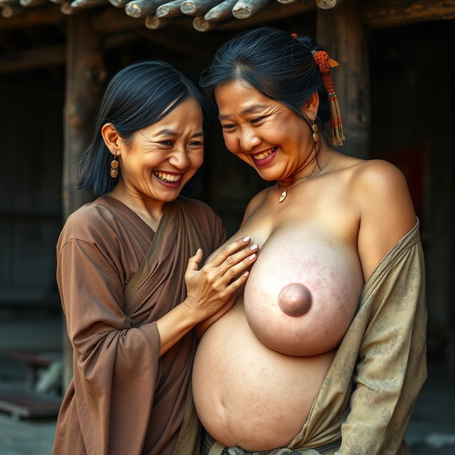 In a medieval Chinese village, a young Indonesian woman, short and emaciated with rotten teeth, wearing a long, fully closed Buddhist robe, medium-length hair adorned with medieval earrings