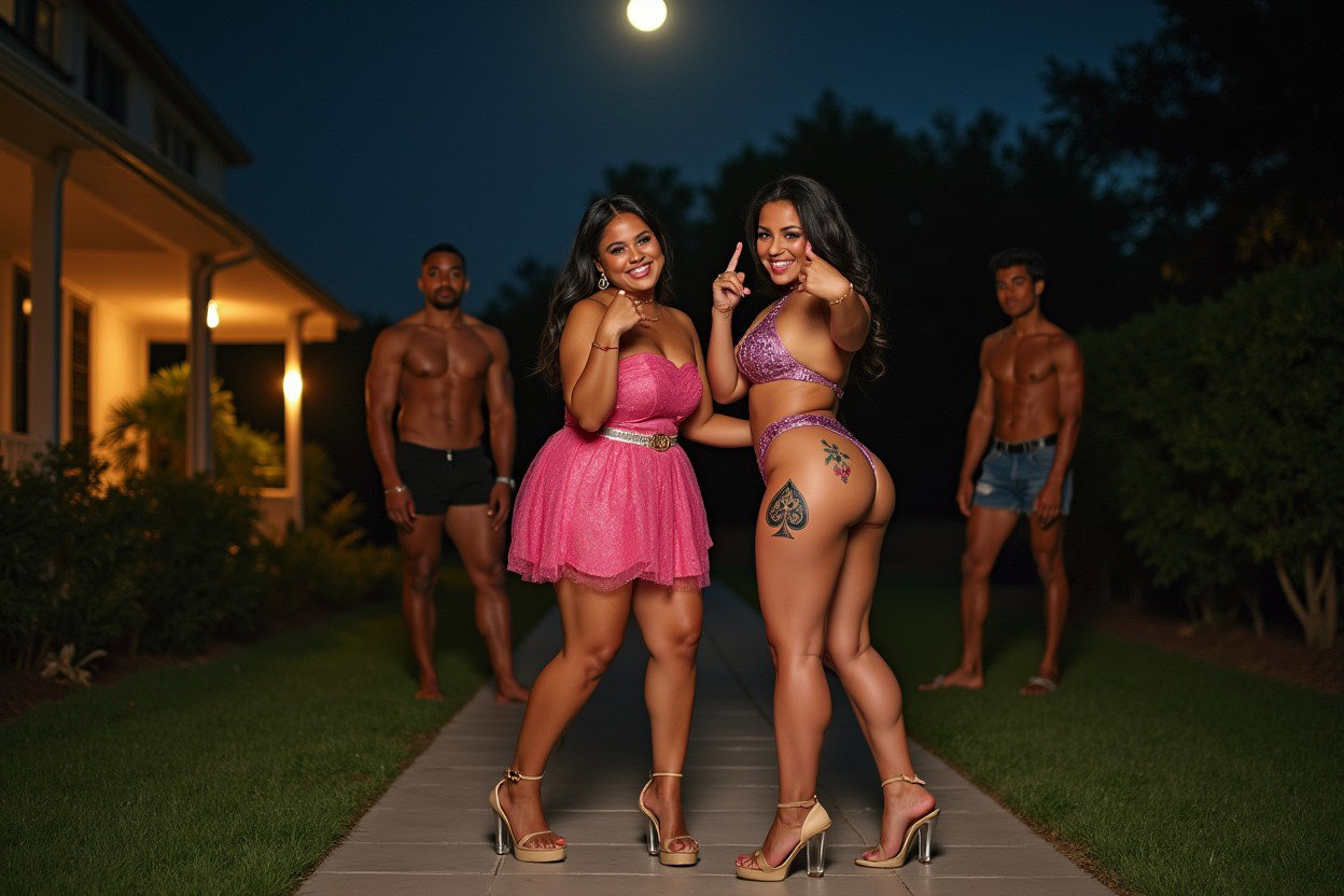 A young mature Latina woman with fair skin, wide hips, prominent buttocks, thick legs, and well-defined calves, showcasing a tattoo of the ace of spades on her lower thigh