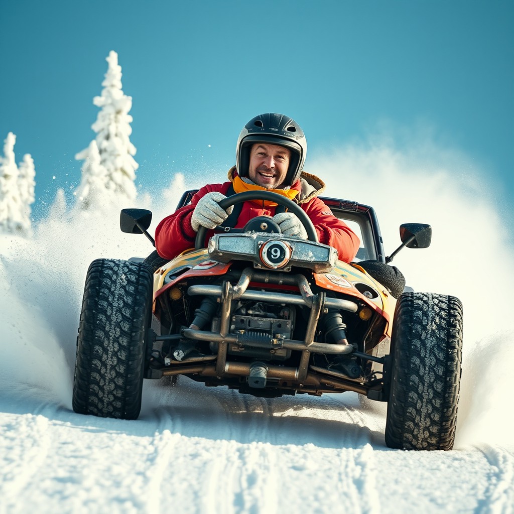 A wide cinematic profile shot of a goofy stuntman in a broken self-made car, careening down an extremely dangerously snowy steep hill