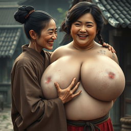 In a medieval Chinese village, a young Chinese woman, short and emaciated with rotten teeth, is wearing a long, closed Buddhist robe with her hair styled in a bun and adorned with medieval earrings