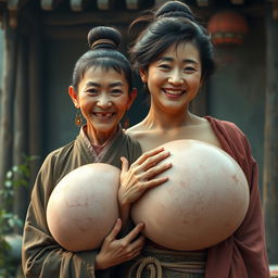 In a medieval Chinese village, a young Chinese woman, short and emaciated with rotten teeth, is wearing a long, closed Buddhist robe with her hair styled in a bun and adorned with medieval earrings