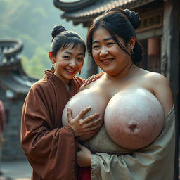 In a medieval Chinese village, a young Chinese woman, short and emaciated with rotten teeth, is wearing a long, closed Buddhist robe with her hair styled in a bun and adorned with medieval earrings