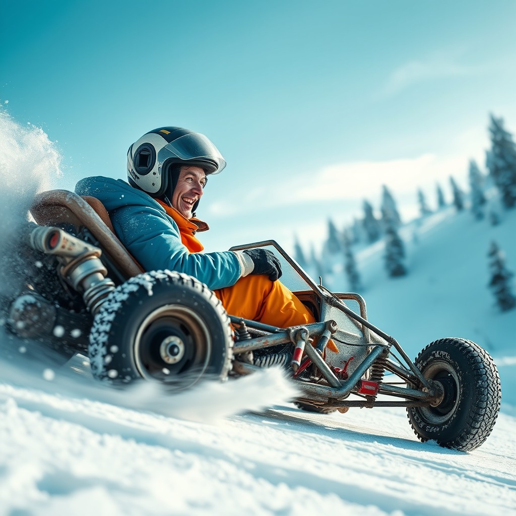A wide cinematic profile shot of a goofy stuntman in a broken stunt car, careening down an extremely dangerously steep snowy hill